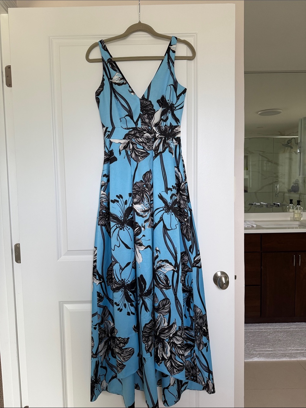 Pinko Blue and Black Floral V-Neck Dress